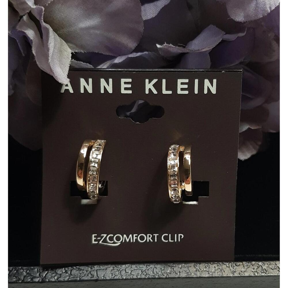 NEW Anne Klein Goldtone & Crystal Hoop EZ Comfort Clip On Earrings